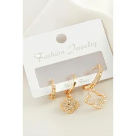 3 Adet Çiçek Zirkon Taşlı Küpe-Sarı