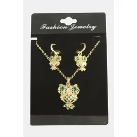 Baykuş Zirkon Taşlı Set Kolye-Yeşil