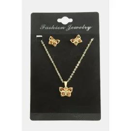 Kelebek Zirkon Taşlı Set Kolye-Kırmızı