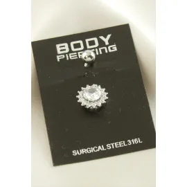 Çiçek Zirkon Taşlı Çelik Piercing 1 Adet-Gümüş Rengi