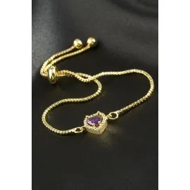 Kalp Zirkon Taşlı Asansörlü Bileklik  Ciddi İlişki Bilekliği-Mor