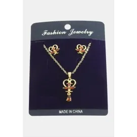 Kalp Zirkon Taşlı Set Kolye-Kırmızı