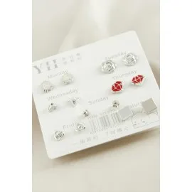 14 Adet Karışık Metal Taşlı Küpe-Gümüş Rengi