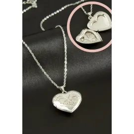 Kalp Kapaklı Çelik Kolye-Gümüş Rengi