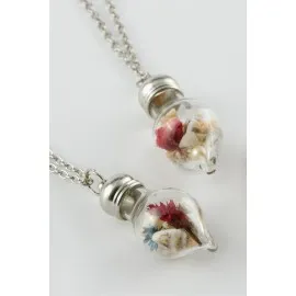 Çiçek Fanus Canlı Kolye-Gümüş Rengi