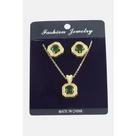 Kare Zirkon Taşlı Set Kolye-Gümüş Rengi