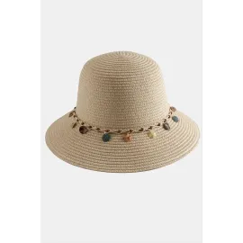 Boncuk Örme Hasır Şapka-Pudra Rengi