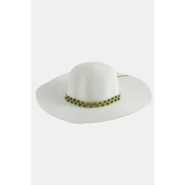 Boncuk Örme Hasır Şapka-Beyaz