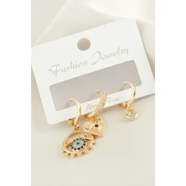 3 Adet Kalp Nazar Zirkon Taşlı Küpe-Sarı