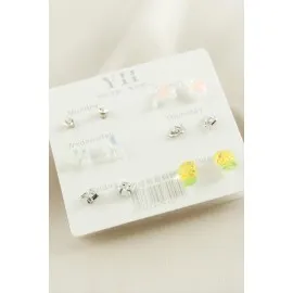 12 Adet Karışık Metal Taşlı Küpe-Gümüş Rengi