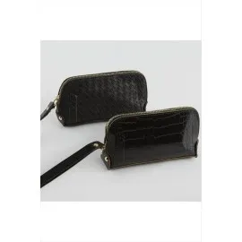 Karışık Desenli Siyah Dikdörtgen Deri Cüzdan-Siyah