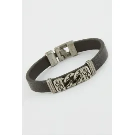 Zincir Desenli Suni Deri Bileklik-Siyah