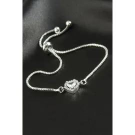 Kalp Zirkon Taşlı Asansörlü Bileklik  Ciddi İlişki Bilekliği-Gümüş Rengi