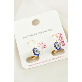 Nazar Taşlı Klipsi Küpe-Mavi