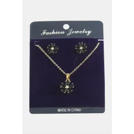 Papatya Zirkon Taşlı Set Kolye-Siyah