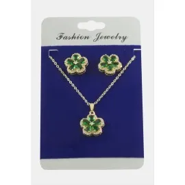 Çiçek Zirkon Taşlı Set Kolye-Kırmızı