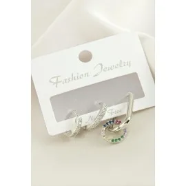 3 Adet Halka Zirkon Taşlı Küpe-Gümüş Rengi