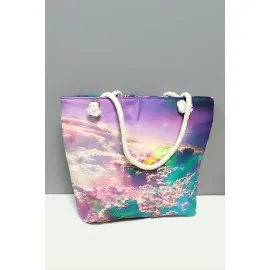 Satürn Desenli Plaj Çantası-Renkli