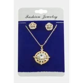 Çiçek Zirkon Taşlı Set Kolye-Gümüş Rengi