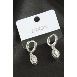 Oval Zirkon Taşlı Küpe-Gümüş Rengi