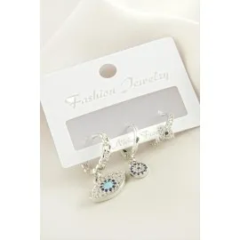 3 Adet Oval Nazar Zirkon Taşlı Küpe-Gümüş Rengi