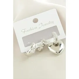 3 Adet Kalp  Zirkon Taşlı Küpe-Gümüş Rengi