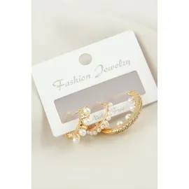 3 Adet Çivi İnci Zirkon Taşlı Küpe-Sarı