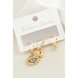 3 Adet Kalp Nazar Zirkon Taşlı Küpe-Gümüş Rengi