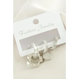 3 Adet Çiçek Zirkon Taşlı Küpe-Gümüş Rengi