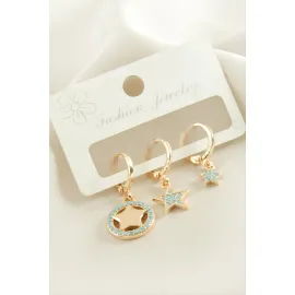 3 Adet Yıldız Zirkon Taşlı Küpe-Sarı