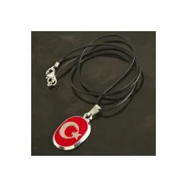 Ay Yıldız Metal Vinlex Deri Kolye-Kırmızı