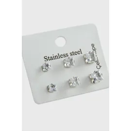 6 Adet Kare Zirkon Tek Taşlı Çelik Küpe-Gümüş Rengi