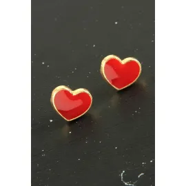 Kalp Mineli Minik Küpe-Kırmızı