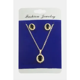 Oval Zirkon Taşlı Set Kolye-Kırmızı