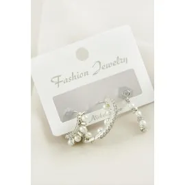 3 Adet Dorika İnci Zirkon Taşlı Küpe-Gümüş Rengi