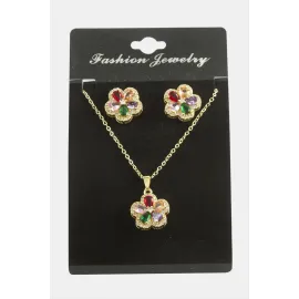 Çiçek Zirkon Taşlı Set Kolye-Renkli