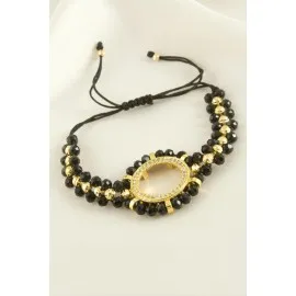 Çeyrek Altın Koyulabilir Kristal Taşlı Bileklik-Siyah