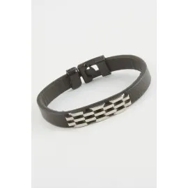 Zincir Desenli Kaliteli Suni Deri Bileklik-Siyah