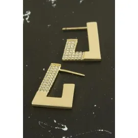 Xuping Zirkon Taşlı Lüks Çelik Küpe-Sarı