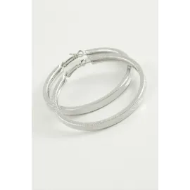 Noktalı Kare Halka Küpe 5,5 cm-Gümüş Rengi