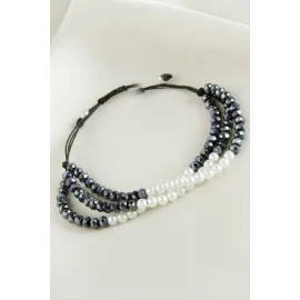 İncili Üçlü Kristal Bileklik-Antrasit