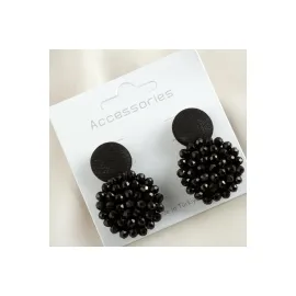 Düğme Kristal Küpe-Siyah