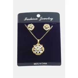 Çiçek Zirkon Taşlı Set Kolye-Gümüş Rengi