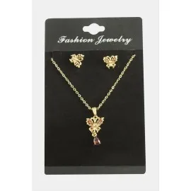 Kelebek Zirkon Taşlı Set Kolye-Kırmızı