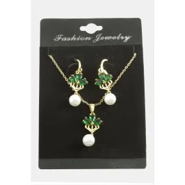 Çiçek İnci Zirkon Taşlı Set Kolye-Yeşil