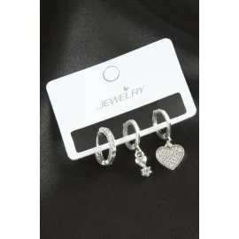 3 Adet Kalp Zirkon Taşlı Küpe-Gümüş Rengi