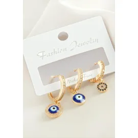 3 Adet Nazar Zirkon Taşlı Küpe-Gümüş Rengi