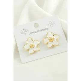 Çiçek Trend Mineli Metal Küpe-Beyaz