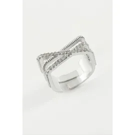 Üç Çizgili Zirkon Taşlı Yüzük-Gümüş Rengi