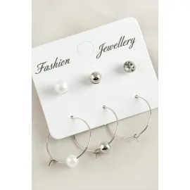 6 Adet İnci Halka Taşlı Küpe 2,5 Cm-Gümüş Rengi